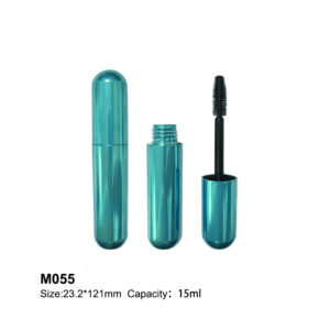 Capsule-shaped mascara bottle in metal blue