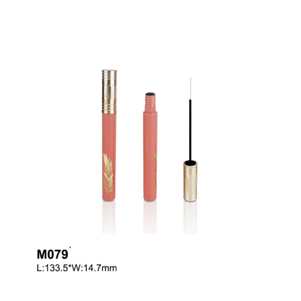 round pink mascara container with feather print